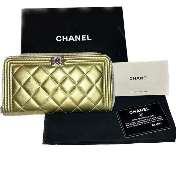 Chanel  Le Boy Gold Patent Leather Long Zip Wallet ✨Dust Bag, Box, & Paperwork - Picture 1 of 16
